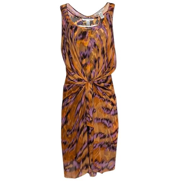 DIANE VON FURSTENBERG 100%Silk Midi Sheath Dress Sleeveless Animal Print Chic L - Picture 9 of 10